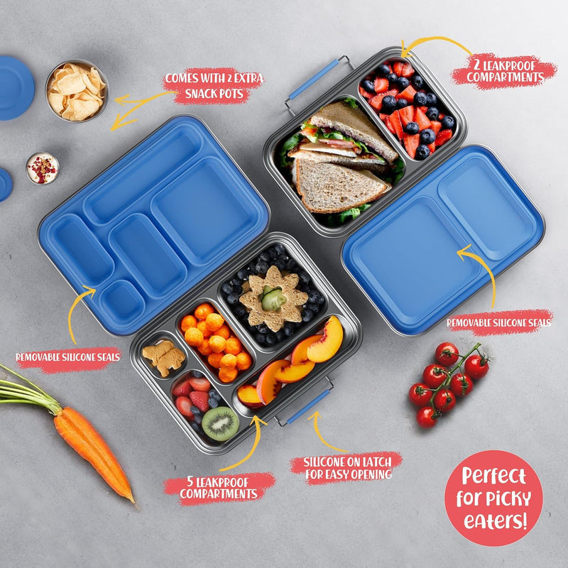 AOHEA Stainless Steel Bento Box Kids, Kids Metal Bento Lunch Box BPA Free Lunch Box Containers 304 Stainless Steel Bento Box for School and Office(Bule)
