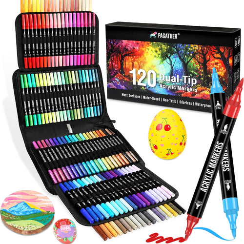 120 Colors Acrylic Paint Markers, Dual Tip Fine and Brush Tips Pens Contain 24 Metallic Color for Stone, Wood, Calligraphy, Canvas, Ceramic, Metal, Glass, Rock Painting, DIY Crafts Art Supplies Kit