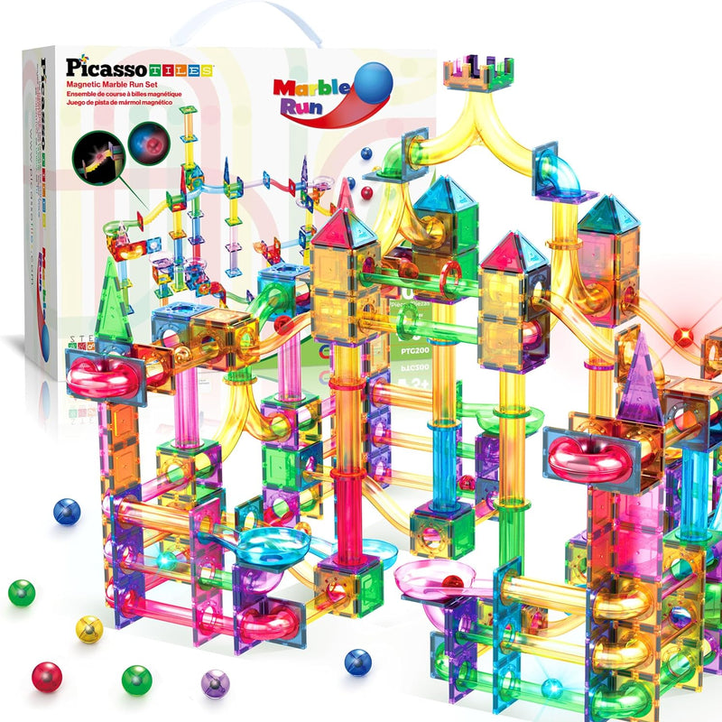 PicassoTiles 108pc Magnetic Marble Run Building Tiles STEM Learning Toy Preschool Construction Kit for Kids