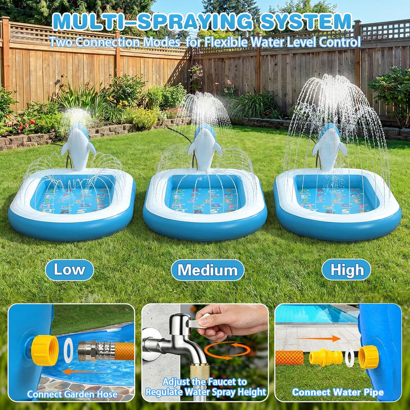 Splash Pads for Toddlers 1-3, Dolphin Toy Sprinkler for Kids, Outdoor Play Mat for Babies, 68" Backyard Inflatable Kiddie Pool, Splash Pad for Kids Ages 4-8, Birthday Gifts for 1 Year Old Boy Girl