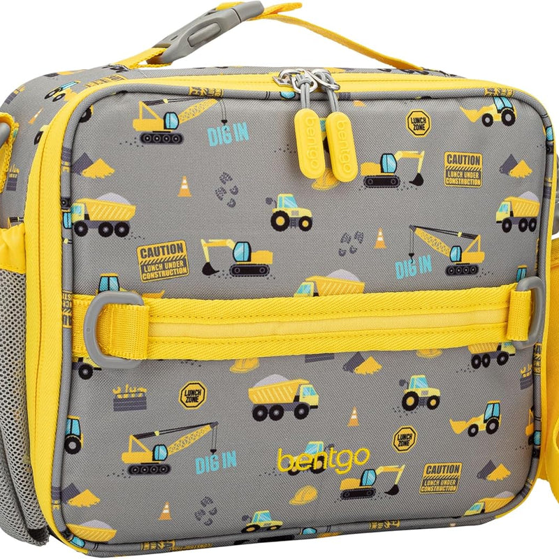 Bentgo Kids Lunch Bag - Durable, Double-Insulated Lunch Bag for Kids 3+; Holds Lunch Box, Water Bottle, & Snacks; Easy-Clean Water-Resistant Fabric & Multiple Zippered Pockets (Construction Trucks)