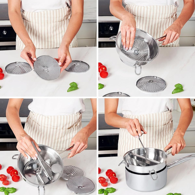 Hungry Artisan Stainless Steel Food Mill for Tomato Sauce & Canning | Great for tomato sauce, applesauce, baby food, mashed potatoes, puree, and canning, 3 interchangeable discs, dishwasher-safe
