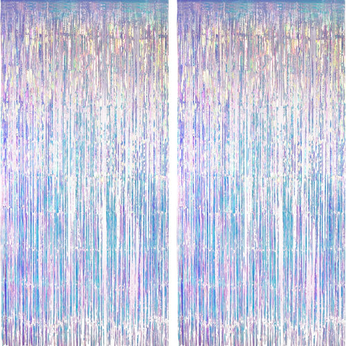 GREATRIL iridescent party backdrop, 2 PCS, 3.2ft x 6.5ft, tinsel foil fringe curtain for mermaid/frozen/sea/euphoria party theme decorations