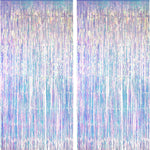 GREATRIL iridescent party backdrop, 2 PCS, 3.2ft x 6.5ft, tinsel foil fringe curtain for mermaid/frozen/sea/euphoria party theme decorations