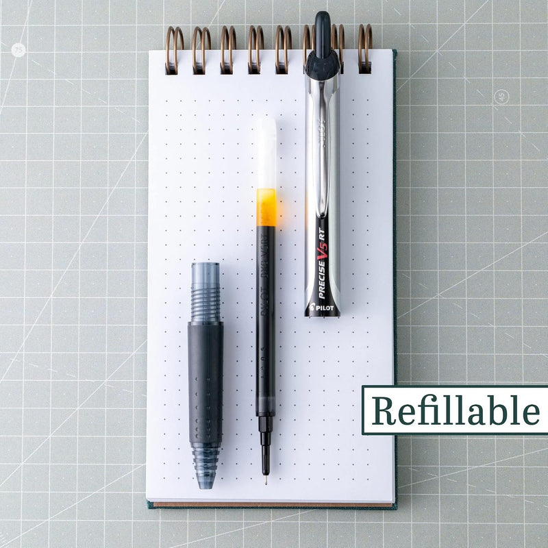 Pilot Precise V5 RT Refillable & Retractable Rollerball Pens, Extra Fine Point Pens 0.5 mm, Black, Pack of 6 - Ideal for School, Journaling & Office Writing