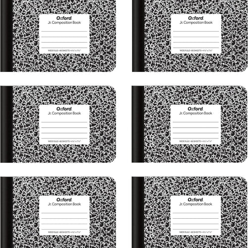 Oxford Jr. Composition Notebooks, School Supplies, Notebooks for School, Half Size, 4-7/8 x 7-1/2 Inches, Wide Ruled Paper, 80 Sheets, Kids Journal, Black Marble Covers, 6 Pack (63773)