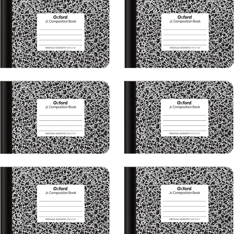 Oxford Jr. Composition Notebooks, School Supplies, Notebooks for School, Half Size, 4-7/8 x 7-1/2 Inches, Wide Ruled Paper, 80 Sheets, Kids Journal, Black Marble Covers, 6 Pack (63773)