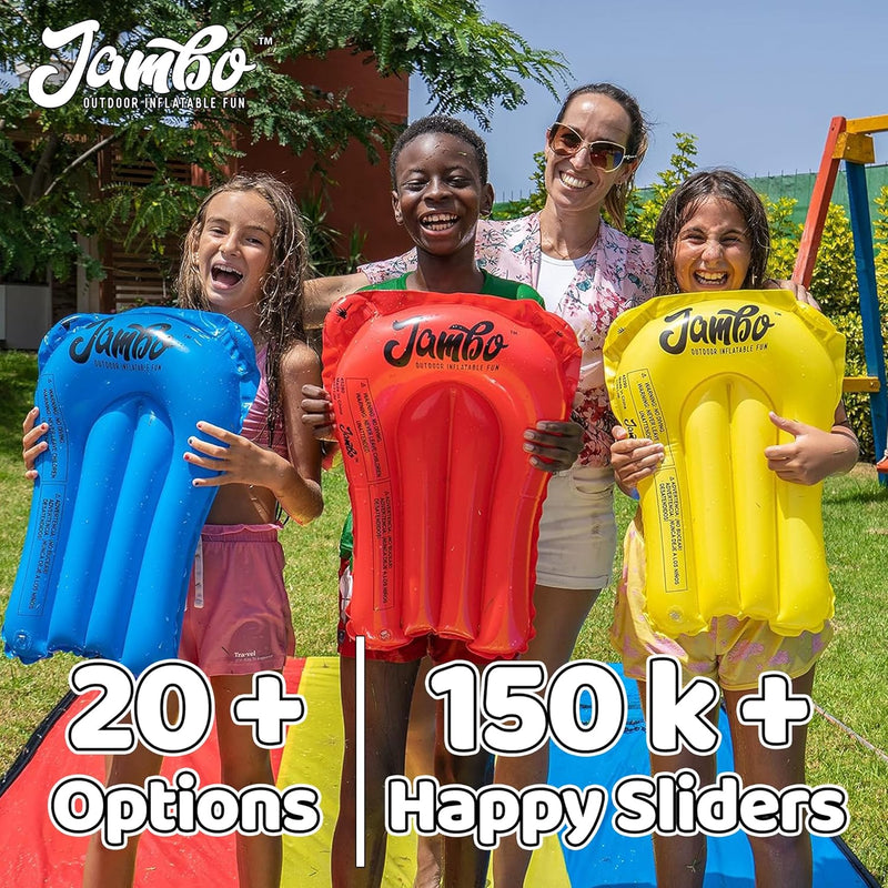JAMBO Premium Triple Water Slide and 3 Bodyboards, 16Ft Heavy Duty Slip Splash and Slides-Advanced 3-Way Sprinkler System, Splash Pad Mat Backyard Summer Outdoor Water Toys n Long Slides for Kids