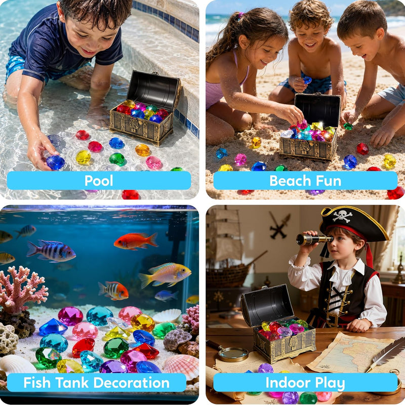 Sloosh Diving Gems Pool Toys, 16 Big Colorful Diamond with Pirate Treasure Chest,Swim Dive Toy for Kids Underwater Gemstone Swimming Training Gift Water Pool Games(Gold)