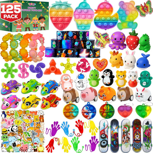 125 Pcs Party Favors Fidget Toys Pack, Randomly Selected Pop Sensory Set 65 Stickers Gifts for Kids Adults Boy Girl Stocking Stuffers Autistic Goodie Bag Filler Treasure Box Classroom Prizes School