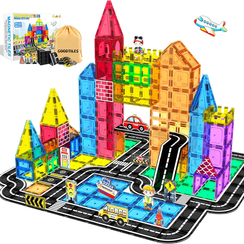 Goodtiles Magnetic Road Expansion Set, STEM Building Blocks for Kids Ages 3-5, Preschool Learning Toys