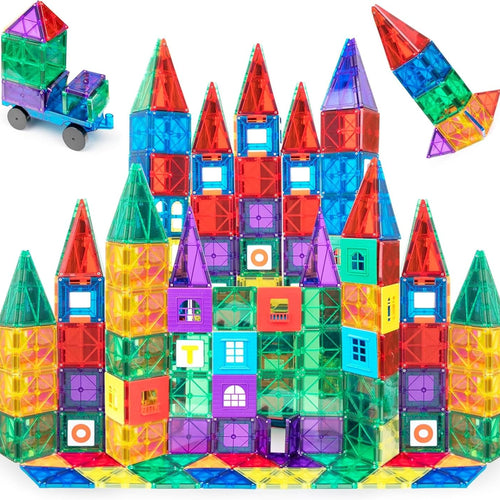 Playmags 100-Piece Magnetic Tiles for Kids, STEM Building Blocks Set with Click-in ABC Learning Tiles and Magnetic Figures