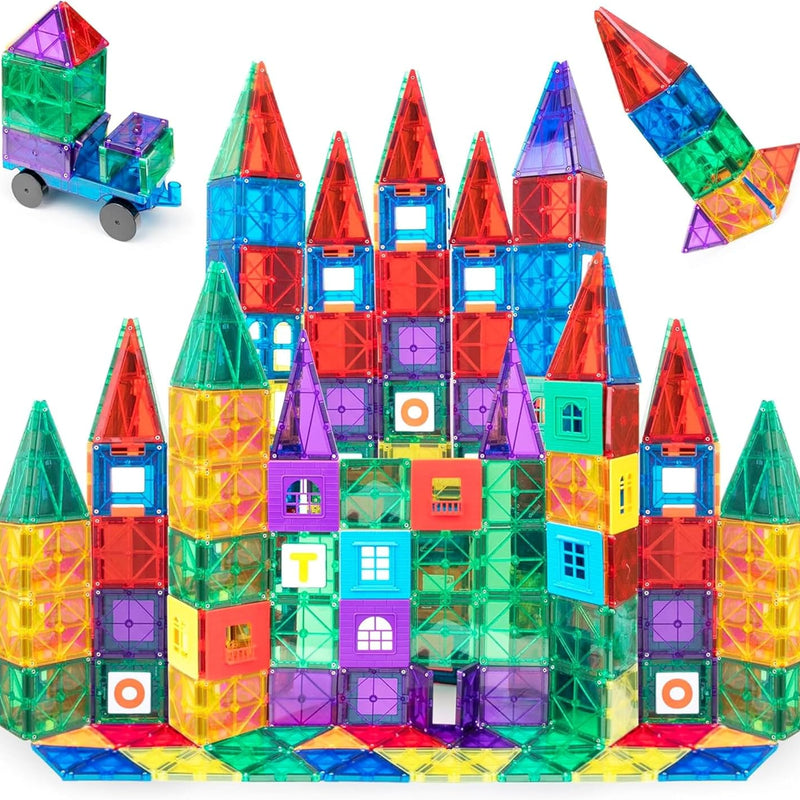Playmags 100-Piece Magnetic Tiles for Kids, STEM Building Blocks Set with Click-in ABC Learning Tiles and Magnetic Figures