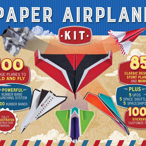 Paper airplane kit with 100 planes, 1000 stickers, launcher and rubber bands, colorful sheets, stem family gift