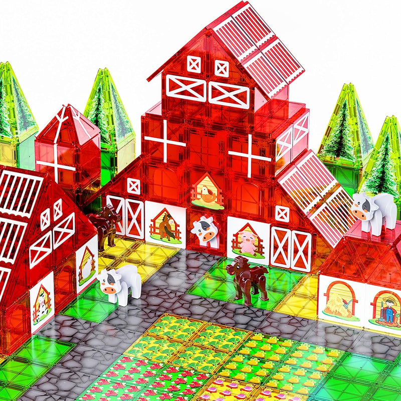 Magnetic Tiles for Kids, 56PCS Construction Magnet Tiles with Fire Truck Station, Building, Road, Crane, Car Truck - STEM Magnetic Blocks for Kids Ages 4-8, Toys for 4 5 Year Old Boys Birthday Gifts