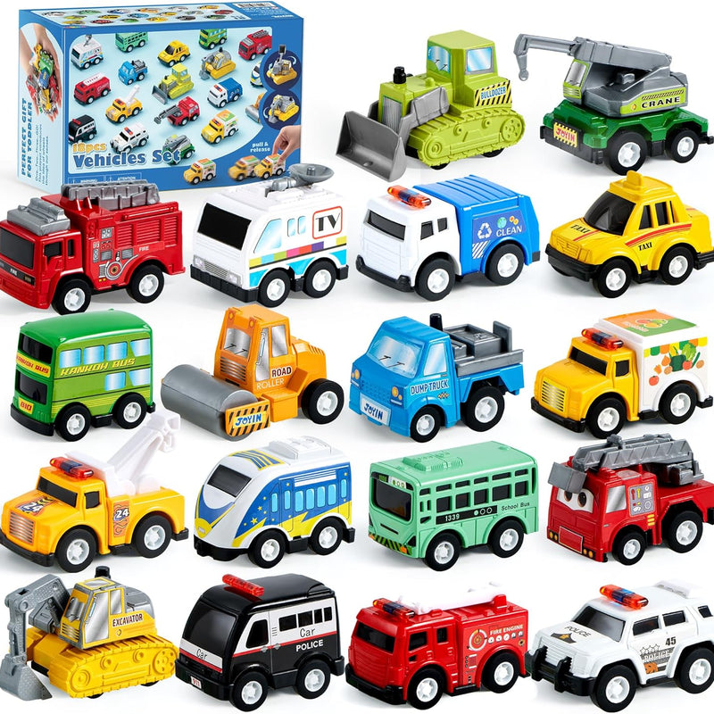 joyin friction powered 18 pcs pull back city cars and trucks toy vehicles set for toddlers and kids
