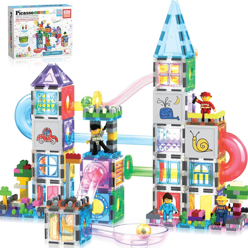 PicassoTiles 108pc Magnetic Marble Run Building Tiles STEM Learning Toy Preschool Construction Kit for Kids