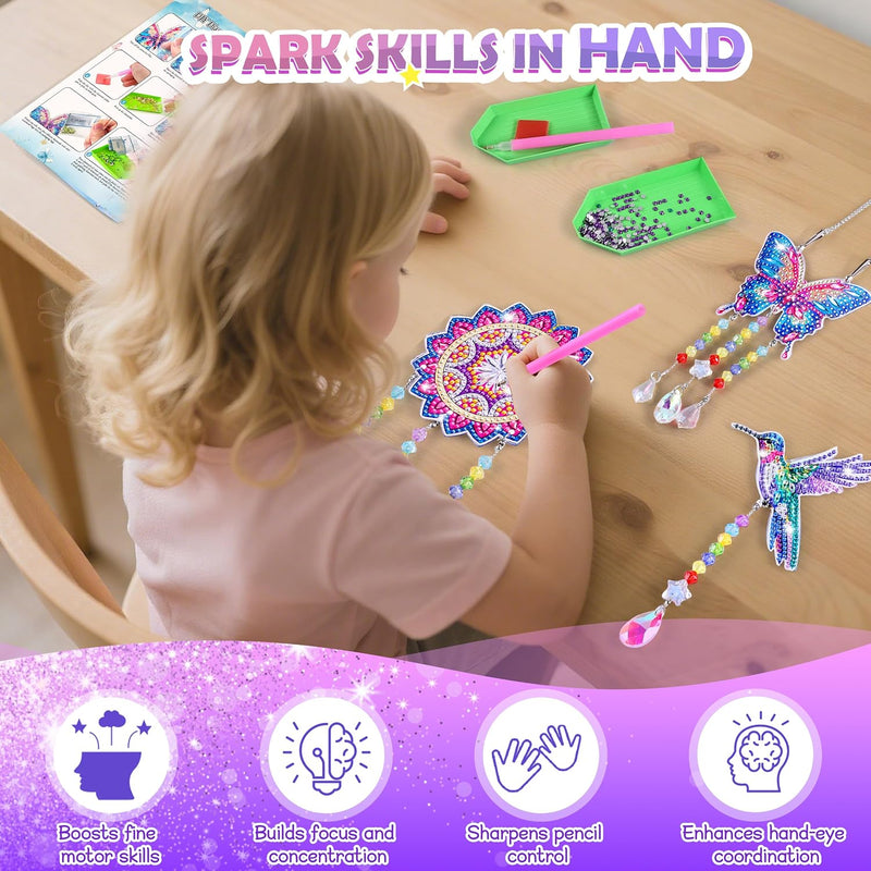 Diamond Art Kits for Kids Ages 8-12, 3 PCS DIY Gem Art Suncatchers for Kids | Diamond Art Kit with 3 Paintings and 2 Tool Sets, Craft Kits Birthday Gift for Girls Ages 8-12, Home/Garden/Backpack Décor