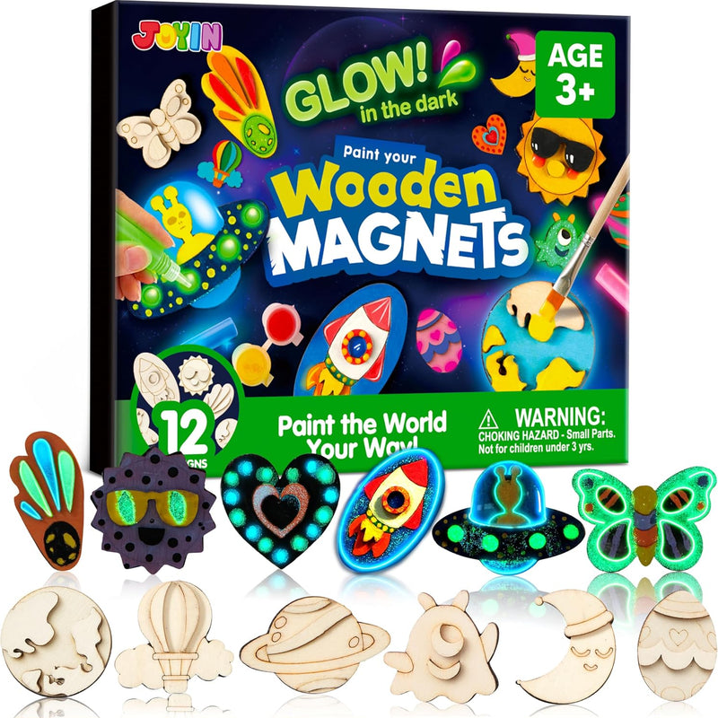 JOYIN 12 Wooden Magnet Creativity Arts & Crafts Painting Kit for Kids, Decorate Your Own Painting Gift for Halloween Crafts, Birthday Parties and Family Crafts, Party Favors for Boys Girls