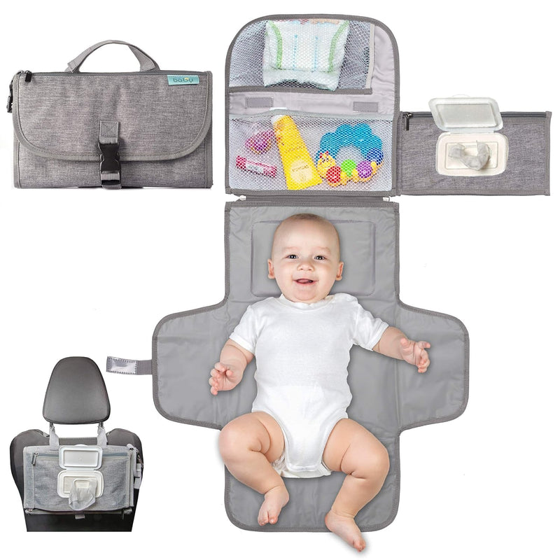 Kopi Baby Portable Diaper Changing Pad with Wipes Pocket, Classic Grey | 22-In Waterproof Pad, Smart Wipes Pocket, 2 Inner Mesh Pockets, Outer Pocket, Detachable Storage, Carry Straps