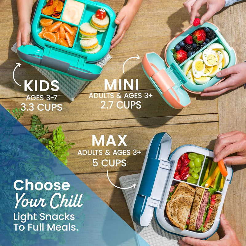 Bentgo Chill Kids Leakproof Lunch Box - 4-Compartment Bento Box with Built-In Ice Pack, 3.3 Cup Capacity, BPA-Free, Microwave & Dishwasher Safe Tray, Ages 3–7 (Green/Navy)