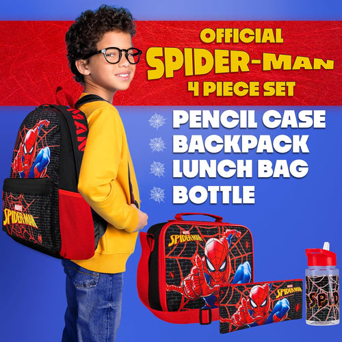 Marvel Spiderman Backpack Lunch Box Water Bottle Pencil Case 4 pc Set for Boys Girls Bookbag Picnic Backpacks Gifts for Kids