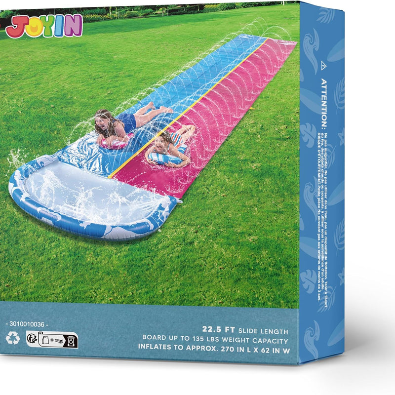 JOYIN 22.5FT Water Slide and 2 Inflatable Boards, Extra Long Heavy Duty Double Lawn Waterslide with Sprinkler for Kids Adults Backyard Summer Water Toy Outdoor Fun, Blue, Pink