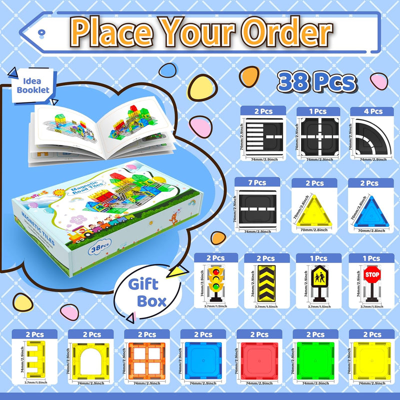 Magnetic City Traffic Tiles, 38pcs, Preschool Montessori Toys for 3+ Year Old Kids, Sensory Building Blocks for Toddler with Autism