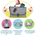 Kopi Baby Portable Diaper Changing Pad with Wipes Pocket, Classic Grey | 22-In Waterproof Pad, Smart Wipes Pocket, 2 Inner Mesh Pockets, Outer Pocket, Detachable Storage, Carry Straps