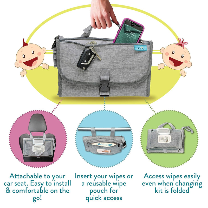 Kopi Baby Portable Diaper Changing Pad with Wipes Pocket, Classic Grey | 22-In Waterproof Pad, Smart Wipes Pocket, 2 Inner Mesh Pockets, Outer Pocket, Detachable Storage, Carry Straps