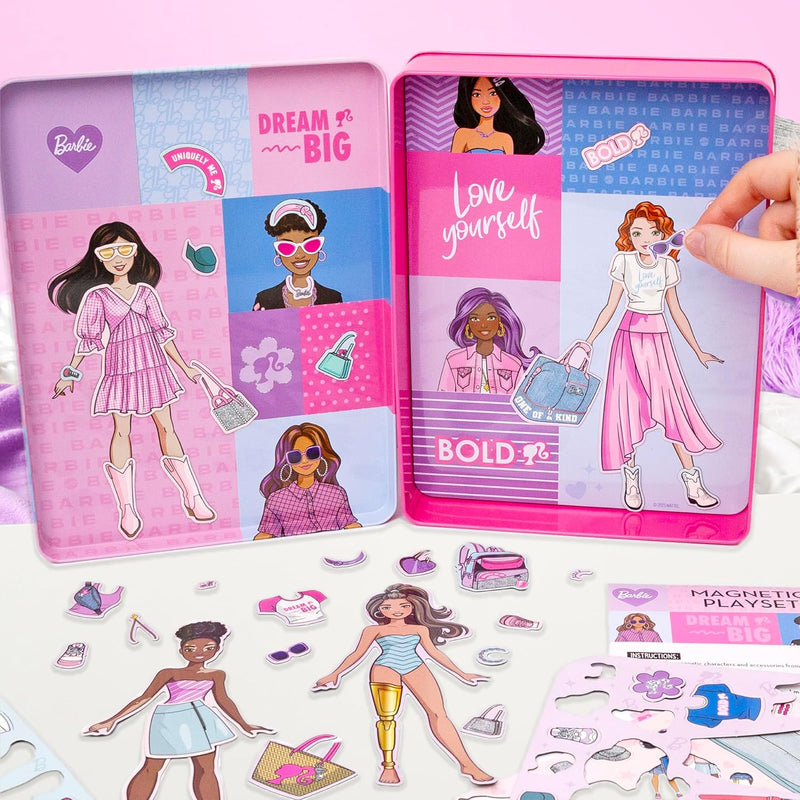 Barbie D.I.Y. Magnetic Play Set, 75 Pieces, 3 Magnetic Dolls, Crafts for Kids Ages 4-8, 4 Year Old Girl Birthday Gifts, Girl Toys, Cute Travel Toy, Fun Airplane Activities, Pretend Play for Girls