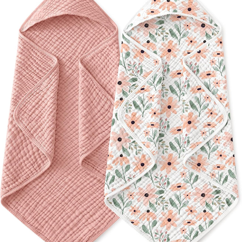 Yoofoss Hooded Baby Towels for Newborn 2 Pack 100% Muslin Organic Cotton Baby Bath Towel with Hood for Babies, Infant, Toddler and Kids, 32x32Inch, Soft and Absorbent Newborn Essential, Beige&Coffee