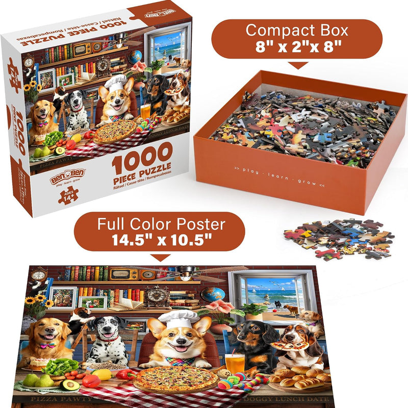 BenBen Puzzles for Adults 1000 Pieces, Dogs' Dinner Party, Dog Jigsaw Puzzle with Patterns on Back, Funny Animal Puzzle, Challenging Puzzles for Family Game Night, Home Décor