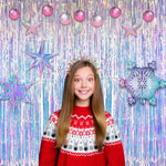 GREATRIL iridescent party backdrop, 2 PCS, 3.2ft x 6.5ft, tinsel foil fringe curtain for mermaid/frozen/sea/euphoria party theme decorations