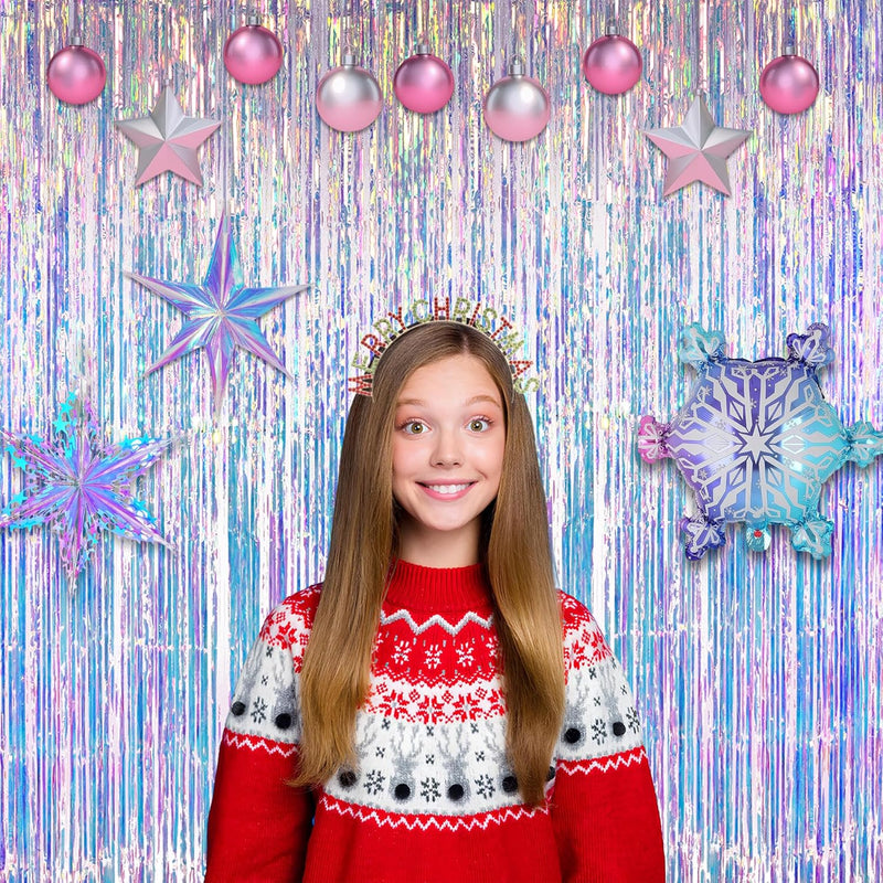GREATRIL iridescent party backdrop, 2 PCS, 3.2ft x 6.5ft, tinsel foil fringe curtain for mermaid/frozen/sea/euphoria party theme decorations