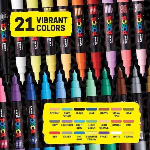 posca Acrylic Paint Markers, 1M Extra Fine Thin Tips, Artist Recommended Pens for Coloring Gifts, Decorations, Fabric, Canvas, Glass, Rocks or Metal, Set of 21