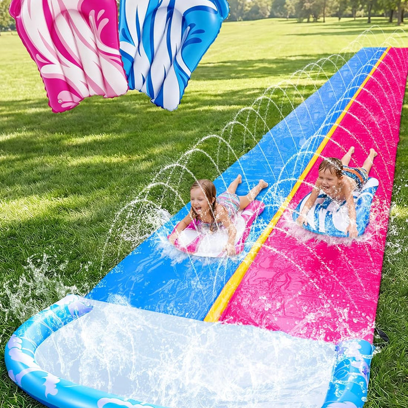 JOYIN 32.5FT Water Slide and 2 Inflatable Boards, Extra Long Heavy Duty Double Lawn Waterslide with Sprinkler for Kids Adults Backyard Summer Water Toy Outdoor Fun, Blue, Pink