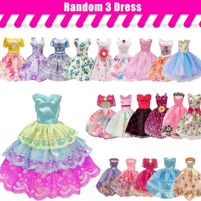 30 Pieces Doll Clothes and Accessories for 11.5 Inch Girl Dolls Including Random 5 Tops, 5 Pants, Random 3 Dresses, Random 3 Fashionable Dresses, Random 2 Swimwear, 6 Pairs of Shoes, 1 Bag, 5 Hangers