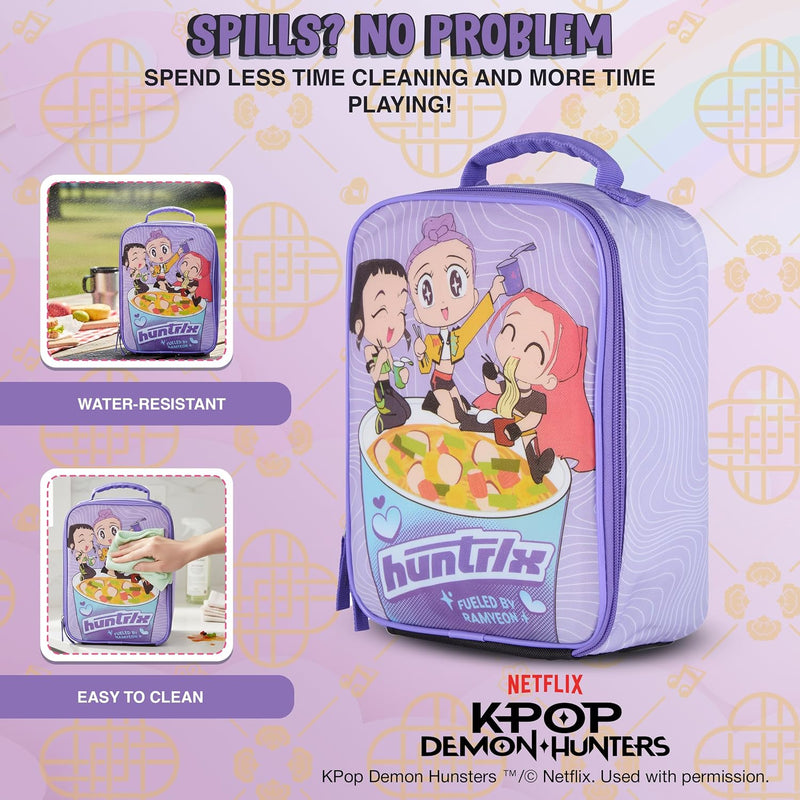K-Pop Demon Hunters Huntrix Fueled by Ramyeon Lunch Box, Full Zip Around Insulated Lunch Tote Bag For Hot and Cold Food, Purple