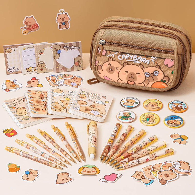 Fimibuke Capybara Backpack for School Girls, 30PCS Capybara Toddler School Supplies Stationery Set with Bookbag Pencil Case Pens Pencils Notebook for Back to School Kindergarten Elementary Student