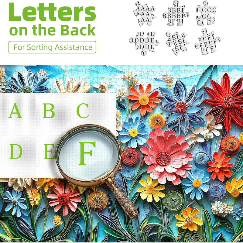 MINIWAN 1000 Piece 3D Quilled Paper Art Flower Jigsaw Puzzle | 27.5"x19.7", Letters on Back, Reference Poster, Hard Color Challenge, For Adults & Seniors