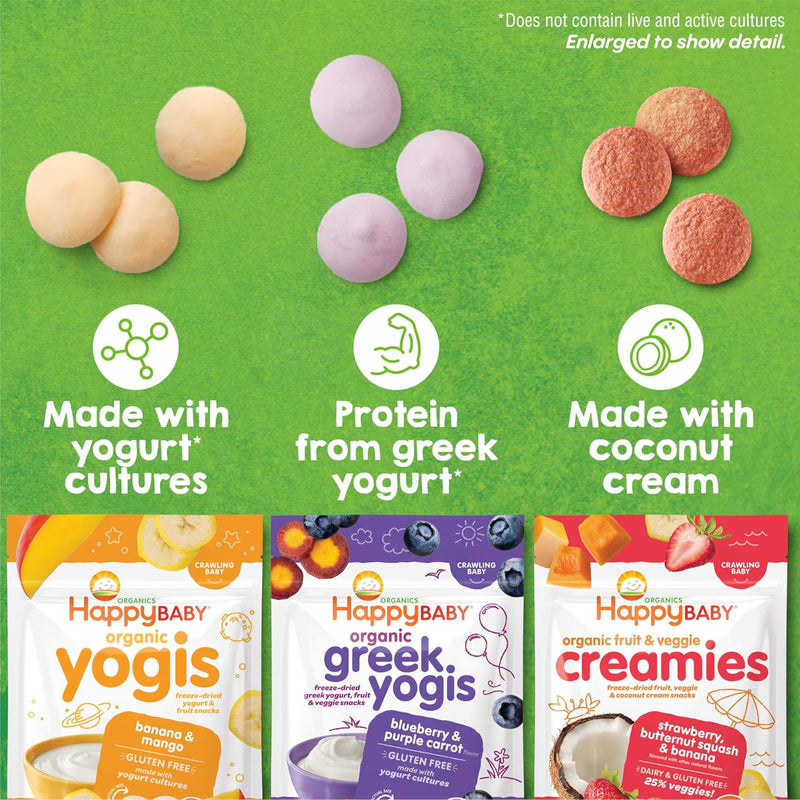 Happy Baby Organics Baby Snacks, Greek Yogis, Freeze Dried Yogurt & Fruit Snacks, Gluten Free Snack for Babies 9+ Months, Strawberry & Banana, 1 Ounce