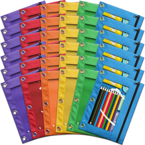 Pencil Pouch for 3 Ring Binder, Bulk 36 Pack 3-Holes Zipper Pencil Pouches in Assorted Colors, Sturdy and Durable Cloth Pencil Holder with Clear Window for Office School College Supplies (36)