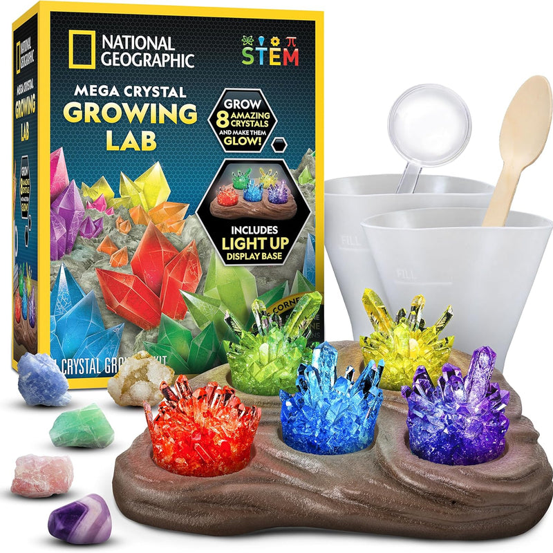 National Geographic Mega Crystal Growing Kit for Kids - Grow 6 Crystals with Light-Up Stand, Science Experiments for Kids aged 8-12