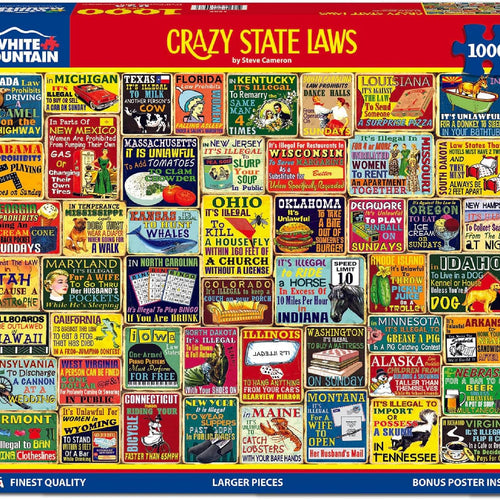 White Mountain 1000 Piece Jigsaw Puzzle Funny Rules Collage Puzzles with Large Pieces Gift for Adults and Family 24"x30" - Crazy State Laws