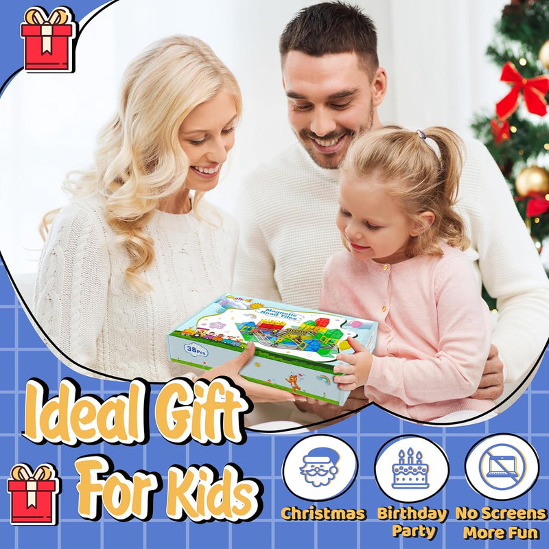 Magnetic City Traffic Tiles, 38pcs, Preschool Montessori Toys for 3+ Year Old Kids, Sensory Building Blocks for Toddler with Autism