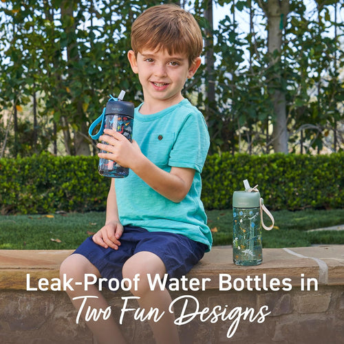 Bentgo Kids Water Bottle 2-Pack, Leak-Proof, 15 oz, Bite & Sip Spout | Durable Tritan, BPA-Free, Shatter-Resistant, Carry Handle, Top-Rack Dishwasher Safe (Dinosaur/Dino Fossils)
