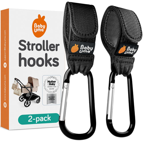 Baby Uma Stroller Hooks for Bags (2 Pack) - Non-Slip, One-Hand Use, 11 lb | These universal stroller clips open one-handed, resist slipping, and each carabiner hook holds 11 lbs—a travel essential.