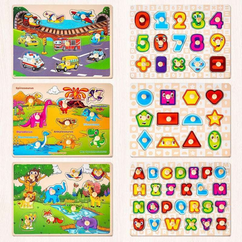 SYNARRY Wooden Puzzles for Toddlers 1-3, 6XSET Puzzles for Toddlers 2-4 with Rack, Learning Alphabet Number Animal Dinosaur Vehicle for Kids, Education Toys for 2 3 Years Boys Girls
