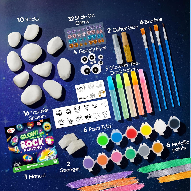 Rock Painting Kit- Glow in The Dark Rock Kit, Arts and Crafts for Kids Ages 6-12, Art Supplies Toy, Kids Craft Paint Kits, Arts & Crafts for Boys Girls Birthday Party Gift Toy